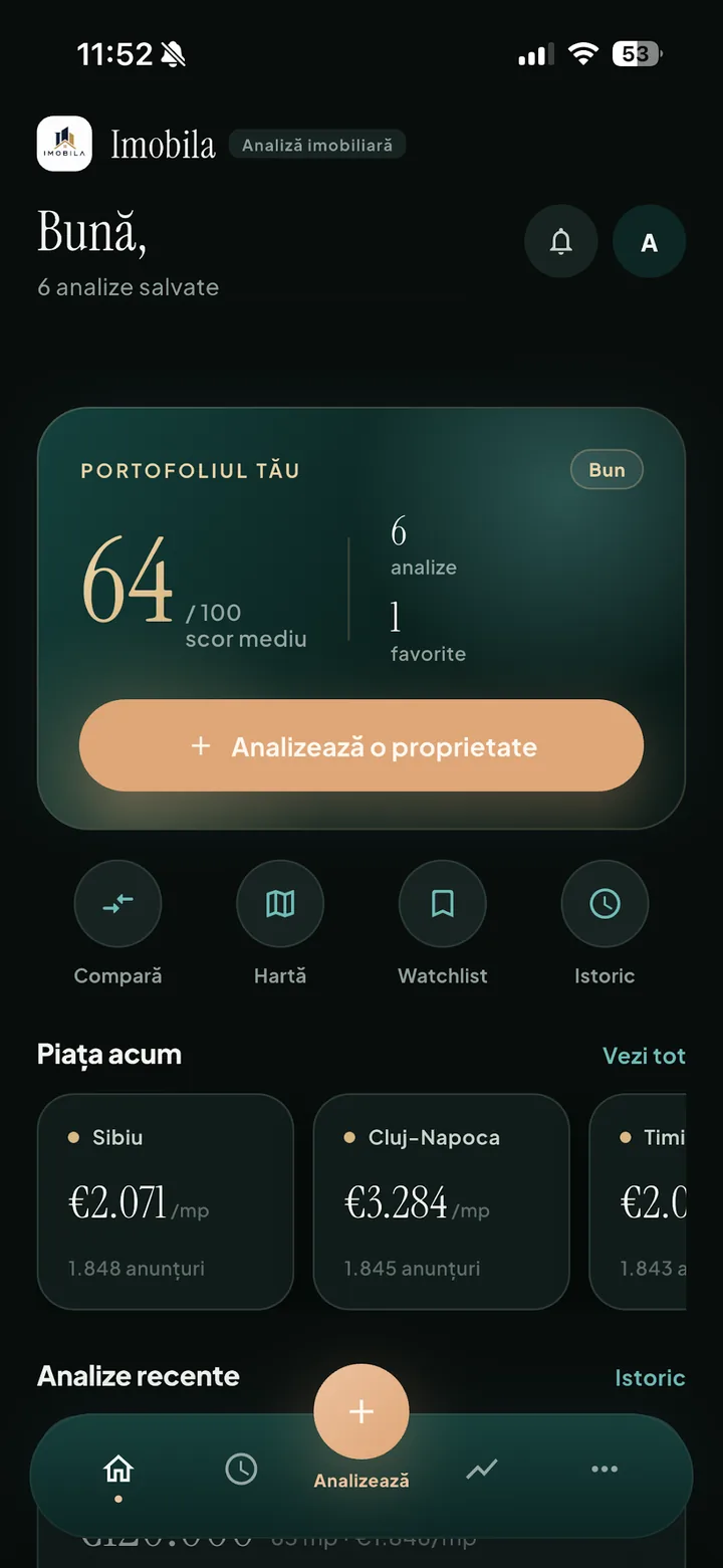 Pagina de start a aplicației, cu analizele salvate și prețurile din orașele urmărite