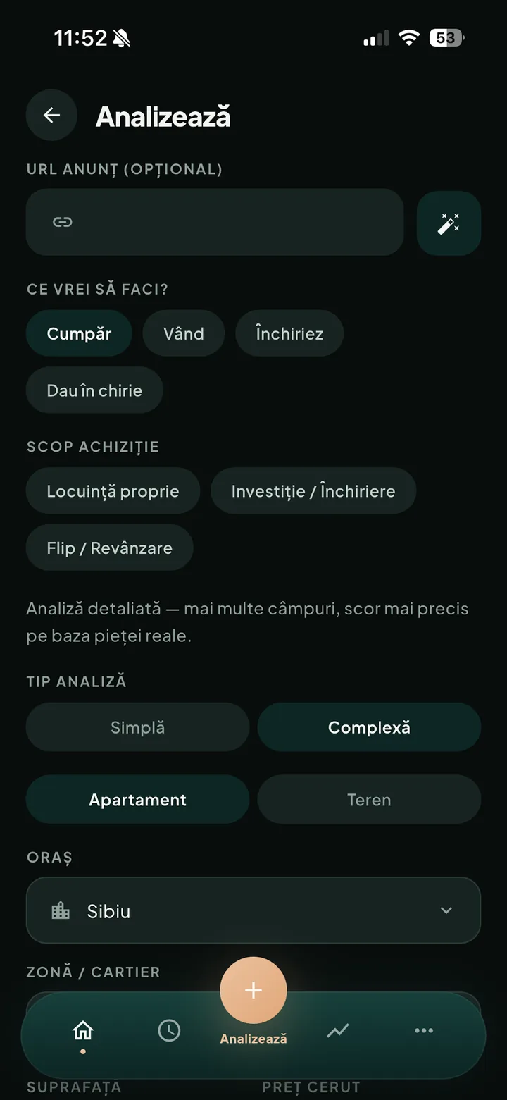Ecranul Analizează, unde alegi tipul locuinței, orașul și cartierul