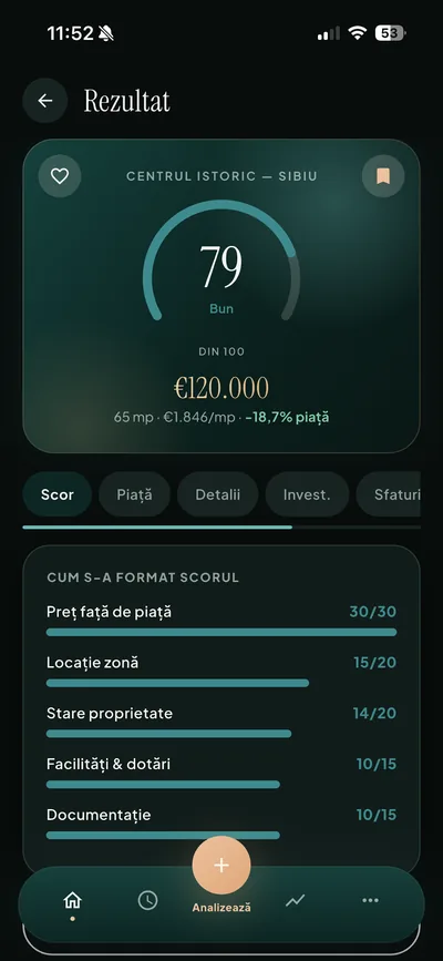 Ecranul cu punctajul unei oferte în aplicația Imobila