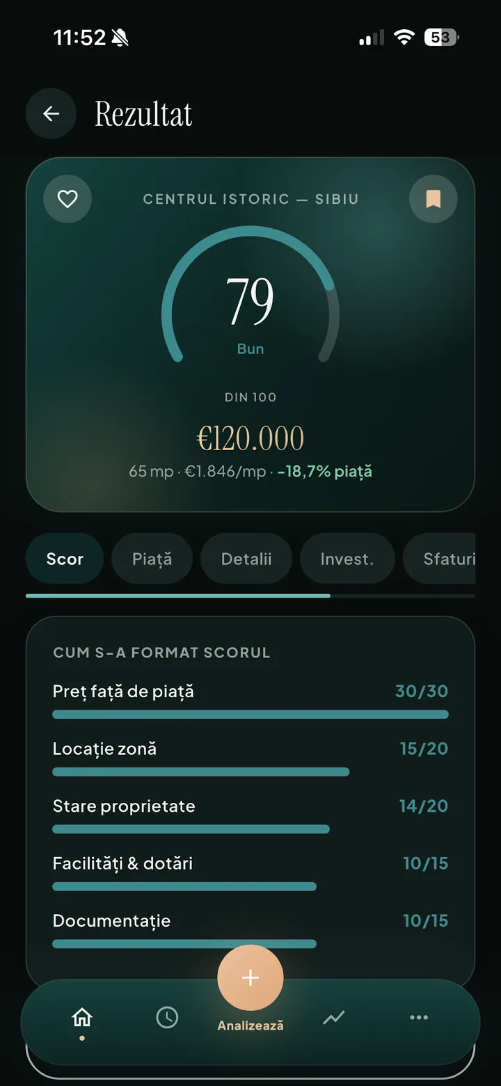 Ecranul Rezultat, cu punctajul 79 din 100 și criteriile lui